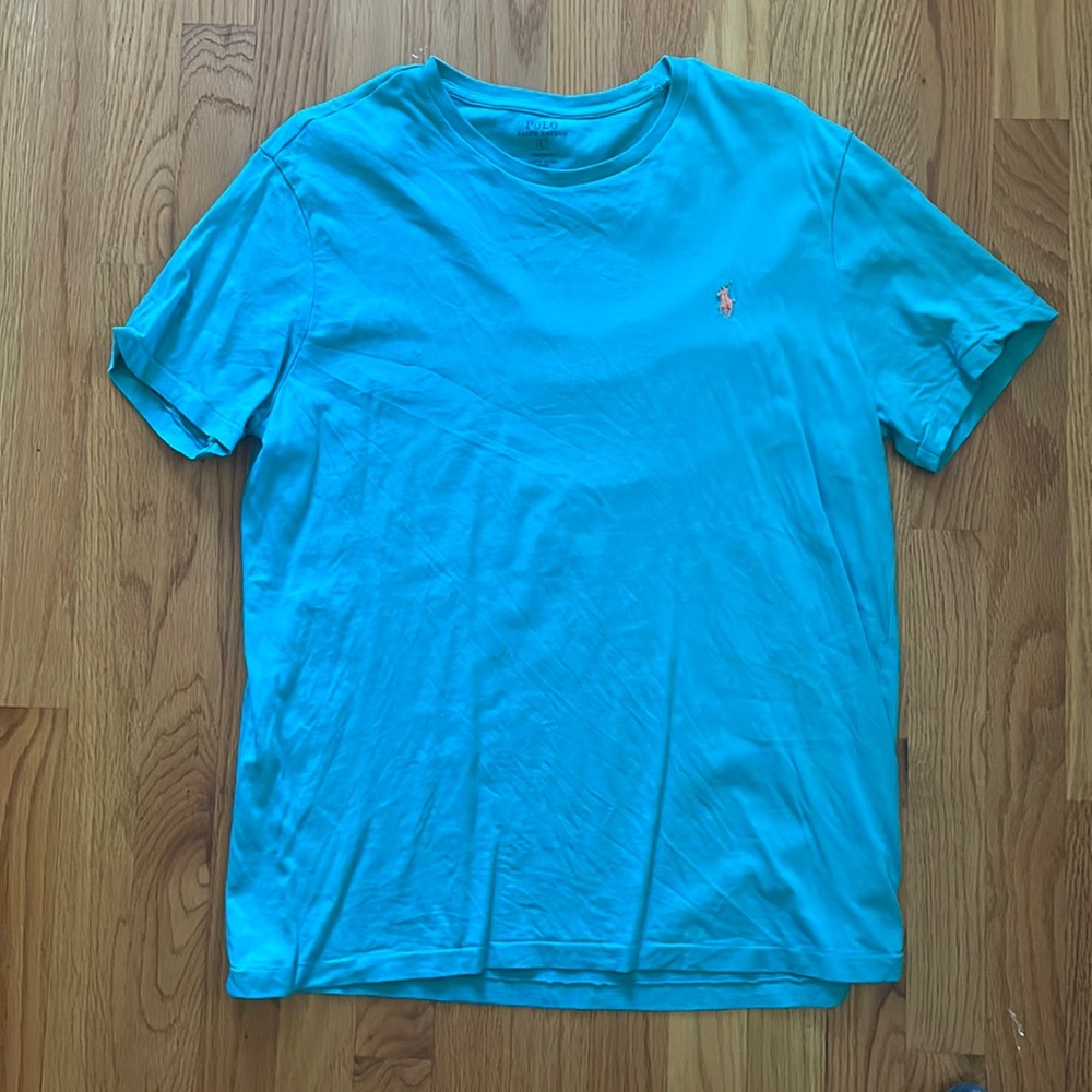 Polo Ralph Lauren Large T-shirt. Teal shirt with Orange polo logo